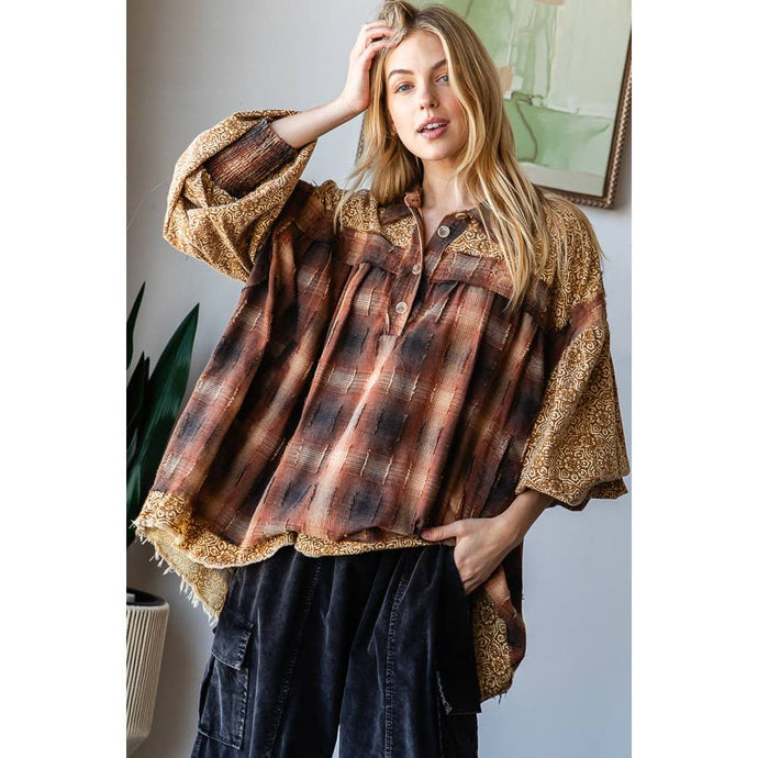 Brown Mixed Plaid Bubble Short Sleeve Oli+Hali Blouse