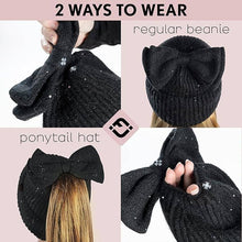 Black Sequin Ponytail Beanie with Top Bow