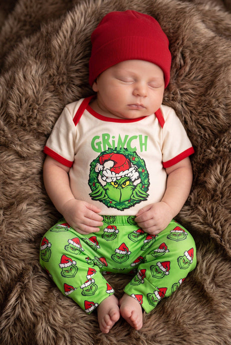 Christmas character baby bodysuit and green pants