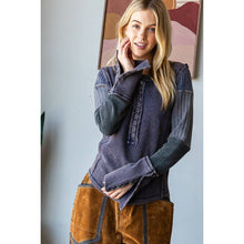Navy Washed Textured Contrast Snap Button Cuff Oli+Hali Top
