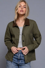 Olive Long Sleeve Corduroy Collar Detail Cotton Twill Work Jacket