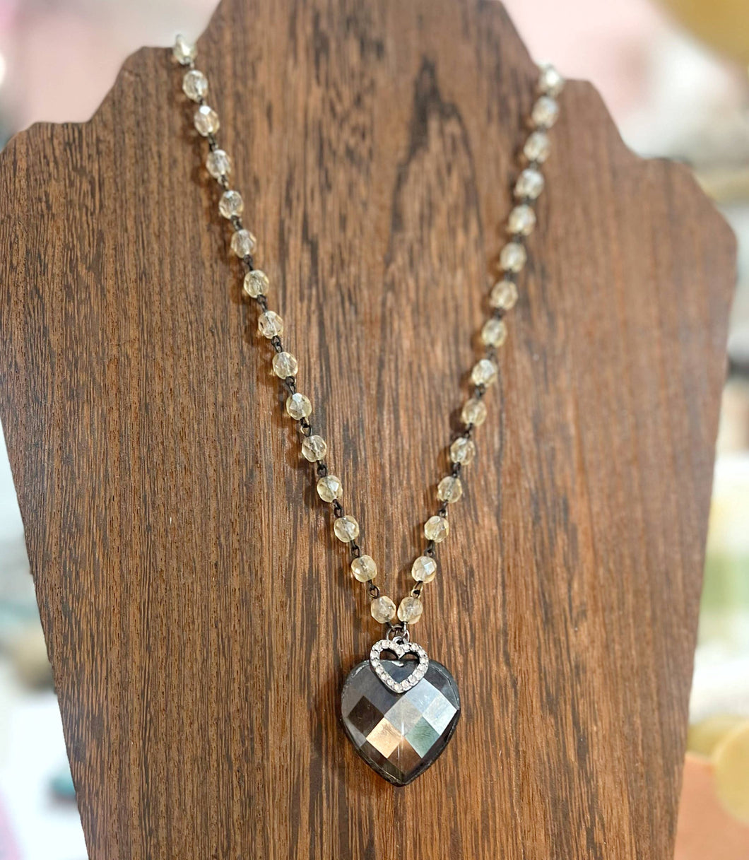 Soldered Crystal Heart Vintage Crystal Beaded Chain Necklace