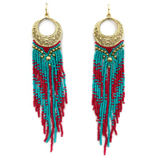 Crescent Flowers Chandelier Fringe Long Seed Bead Earrings: Black