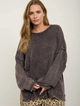 Dark Brown Washed Raw Edge Crew Neck Drop Sleeve Sweater