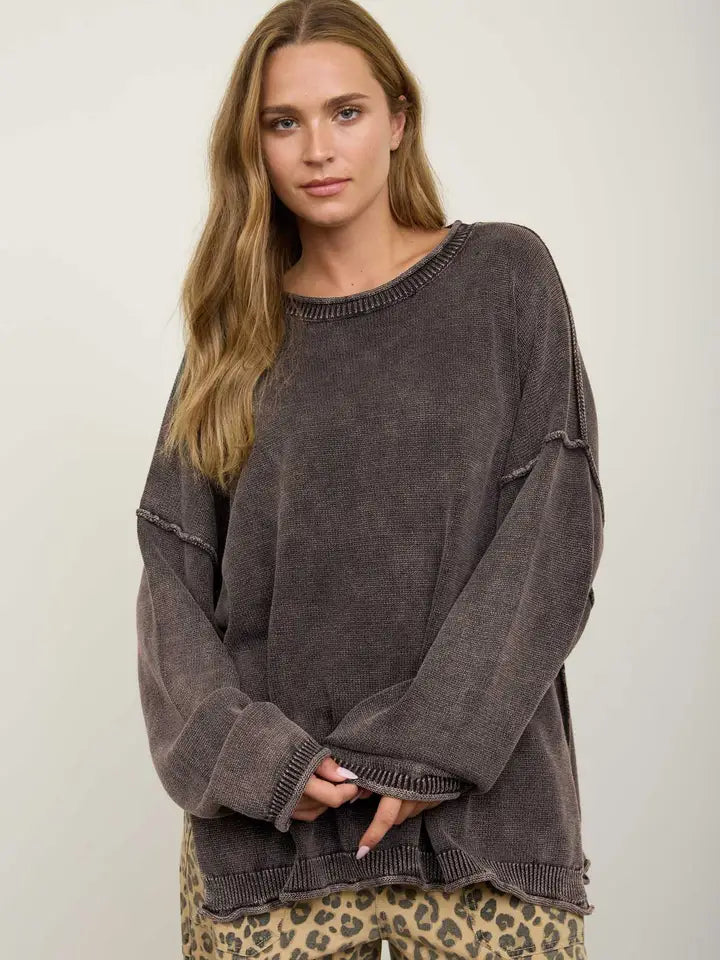 Dark Brown Washed Raw Edge Crew Neck Drop Sleeve Sweater