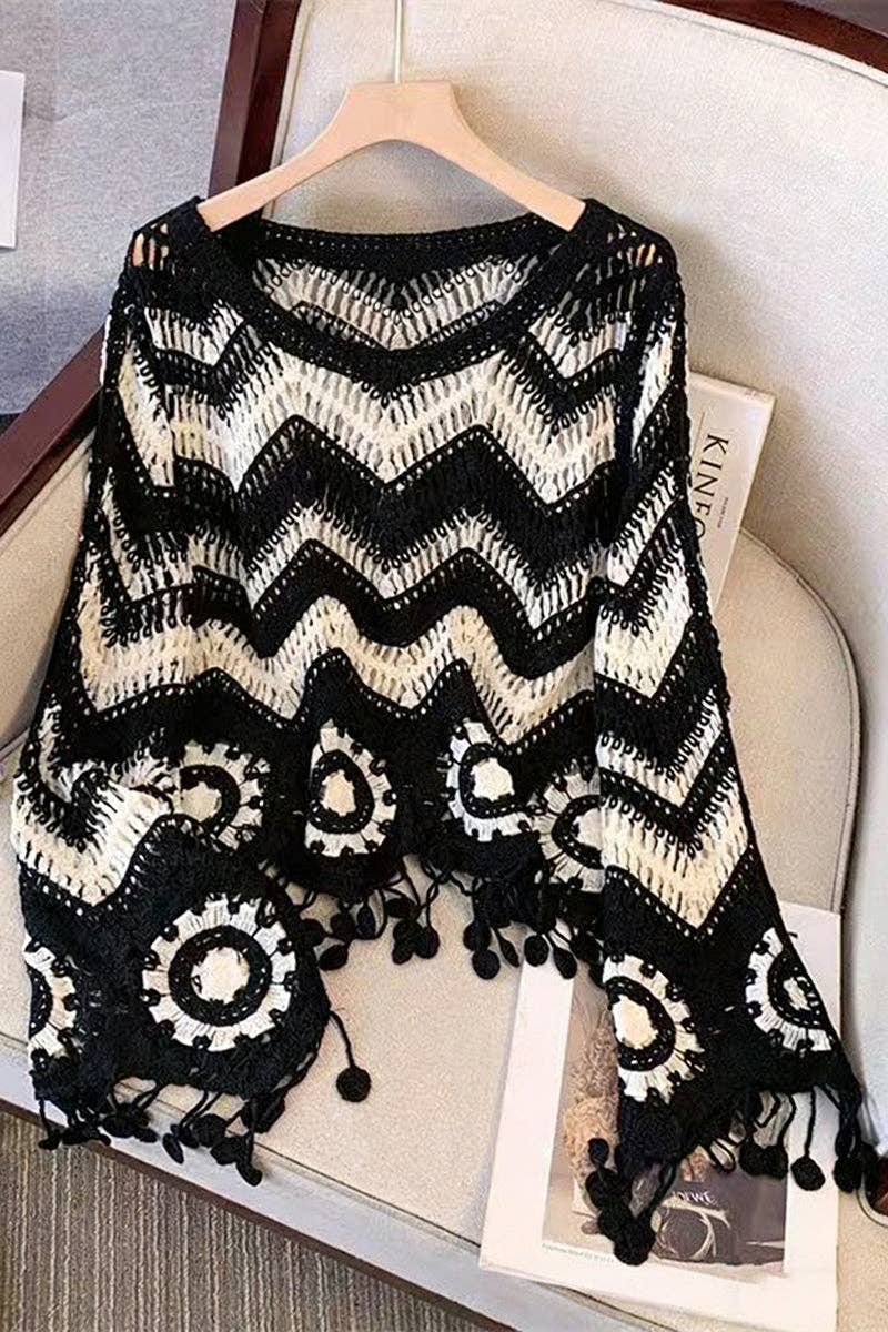 Black Zigzag Pattern Fringed Sweater