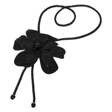 Jet BlackPearl Centered Bling Studded Flower Pointed Bolo Tie Necklace