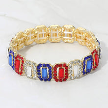 Gold Multi American USA Emerald Cut Crystal Rhinestone Pave Evening Bracelet