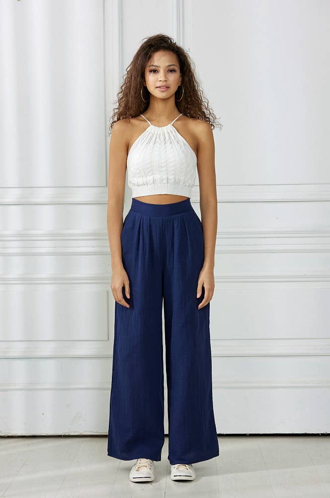 Navy Cotton Smocked Wide Leg Pants