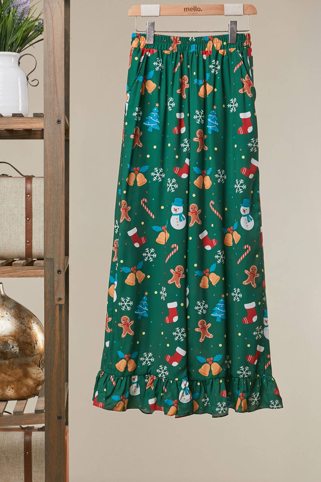 Green Printed Wide-Leg Pants with Ruffle Hem