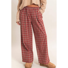 Dark Red Elastic Waist Plaid Pants