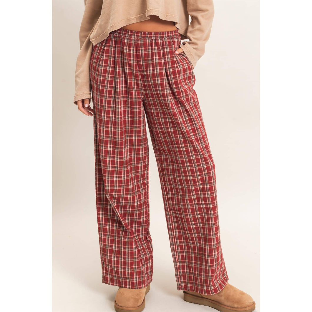 Dark Red Elastic Waist Plaid Pants