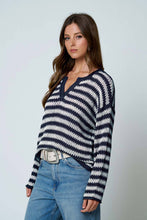 STRIPE RAW EDGE SPLIT NECK SHEER KNIT SWEATER : LIGHT BLUE