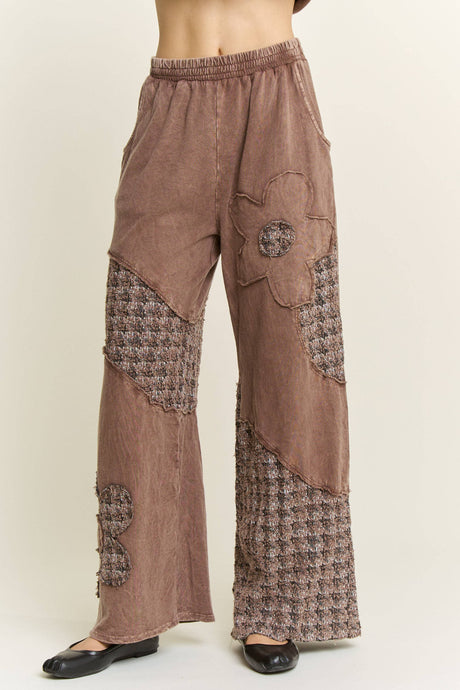 Chocolate Mineral Washed Tweed Daisy patch Wideleg J.Her Pants