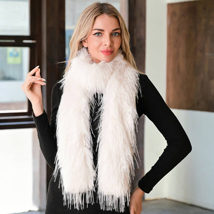Ivory Fluffy Faux Long Fur Long Wrap Scarf