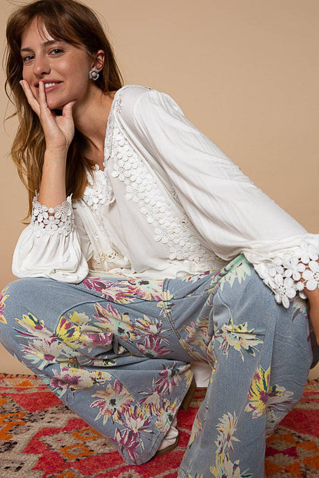 Ivory Long sleeve contrast floral lace crochet detail v-neck POL Top