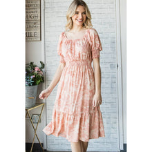 Peach Vintage Floral Square Neck Midi Dress