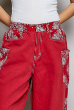 Red High Waist Paisley Patch High Rise Wide Leg Twill POL Pants