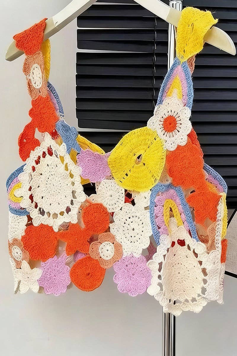 Orange Floral Crochet Sleeveless Tank