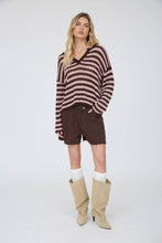 STRIPE RAW EDGE SPLIT NECK SHEER KNIT SWEATER : NAVY