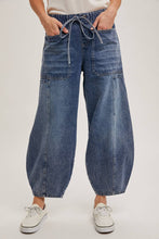 Med Wash Denim Mid Waist Drawstring Barrel Jeans