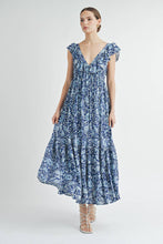 Blue Ruffle Tiered V-neck Maxi Dress