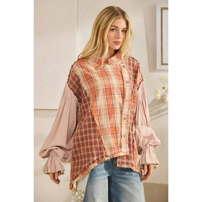 Mauve Washed Plaid Asym Button Down Oli+Hali Shirt