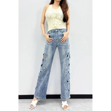 Blue Lace Cutout Rhinestone Denim Pants