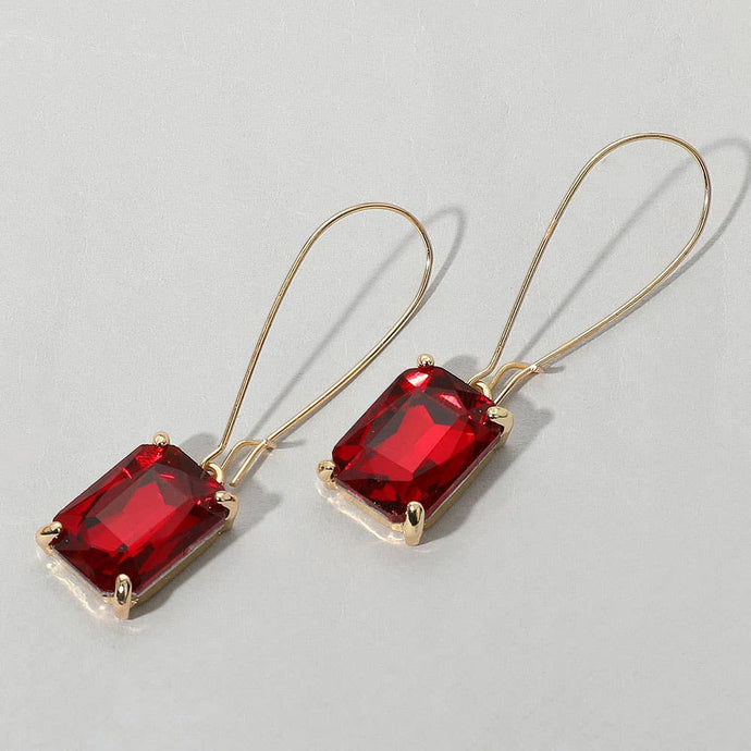Red Emerald Cut Stone Dangle Evening Earrings