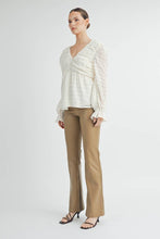 Ivory Sheer Textured V-Neck Blouse with Back Ribbon