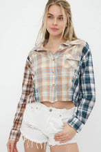 Taupe Blue Plaid Mix Distressed Button Up Shirt