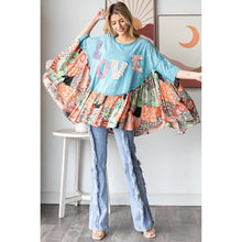 Blue Wahed Round Neck Love Patchwork Ruffle Hem Oli+Hali Top