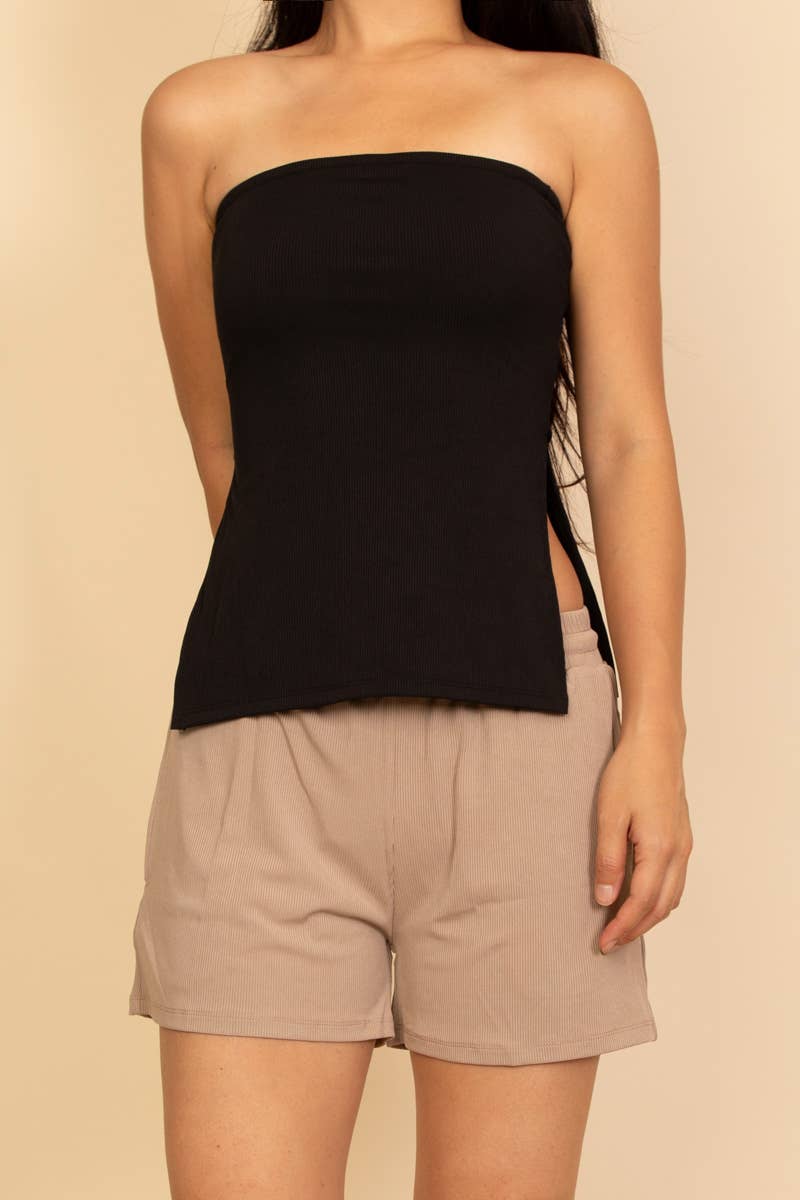 Black Strapless Ribbed Side-Slit Flare Top