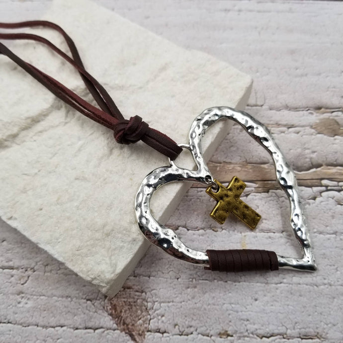 Retro Silver Cross Heart Necklace