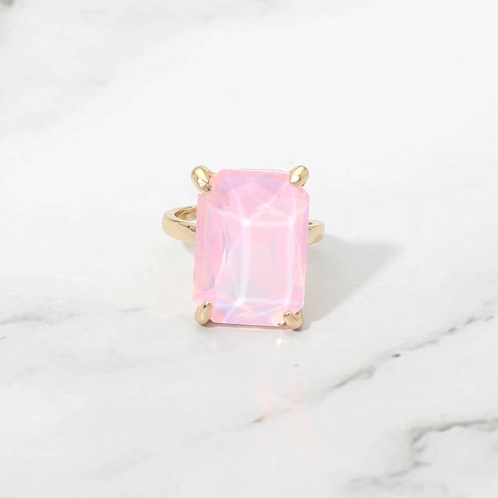 Opal Pink Bold Emerald Cut Stone Cluster Accent Adjustable Ring