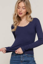 Navy Long Sleeve Scoop Neck with Lace Trim Rib Knit Top
