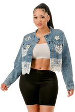 Blue Lace & Pearl Embellished Cropped Denim Jacket