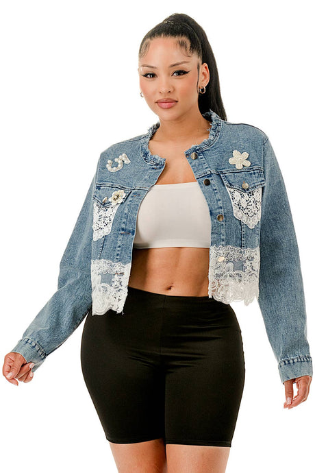 Blue Lace & Pearl Embellished Cropped Denim Jacket