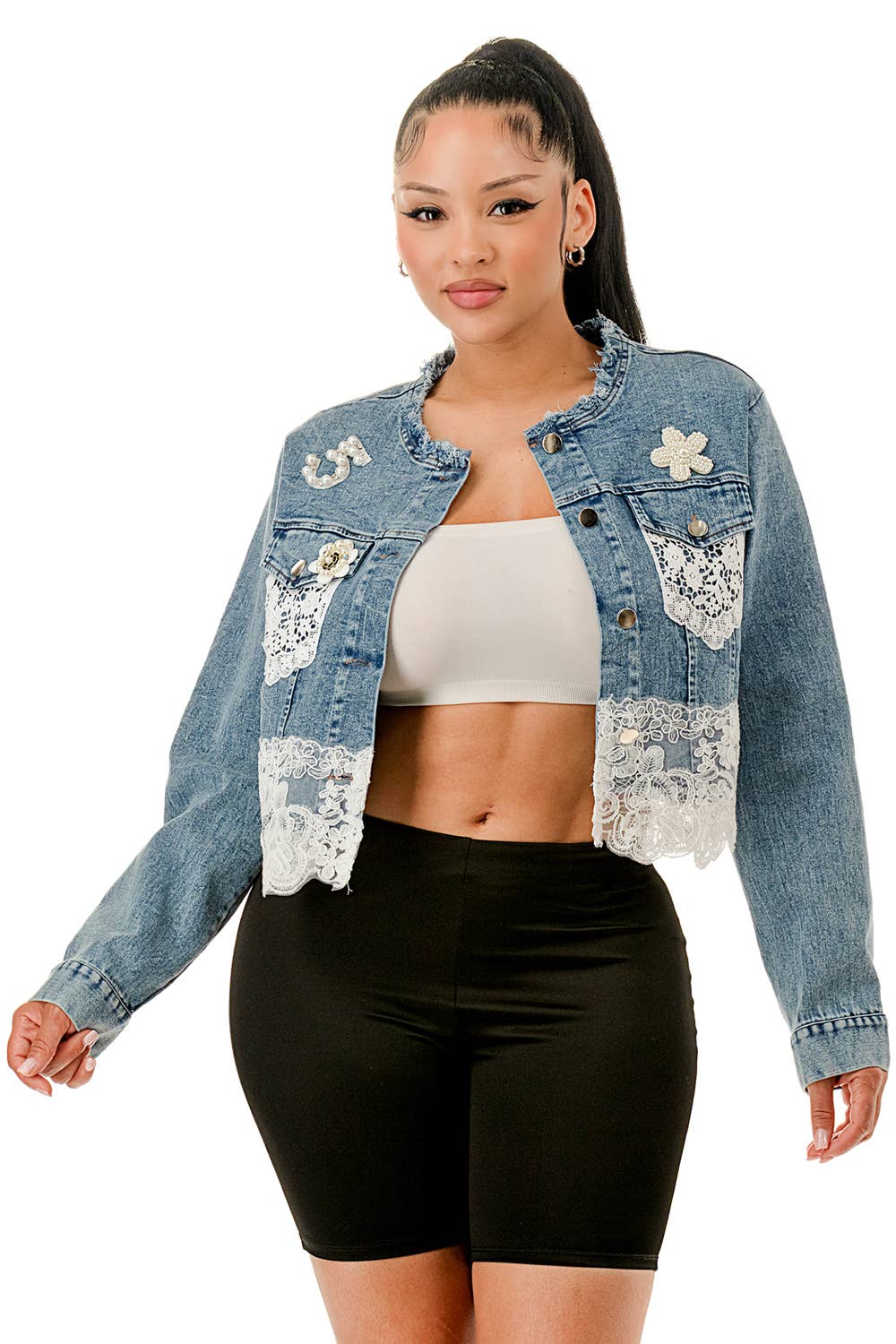 Blue Lace & Pearl Embellished Cropped Denim Jacket