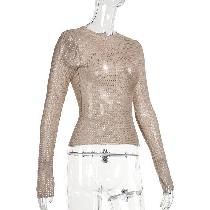 Beige Sheer Long-Sleeve Slim Fit Top