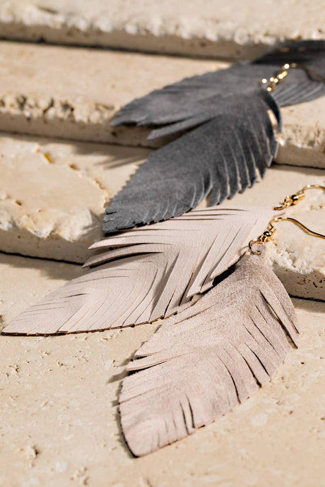 Light Grey Genuine Leather Leaf Earrings
