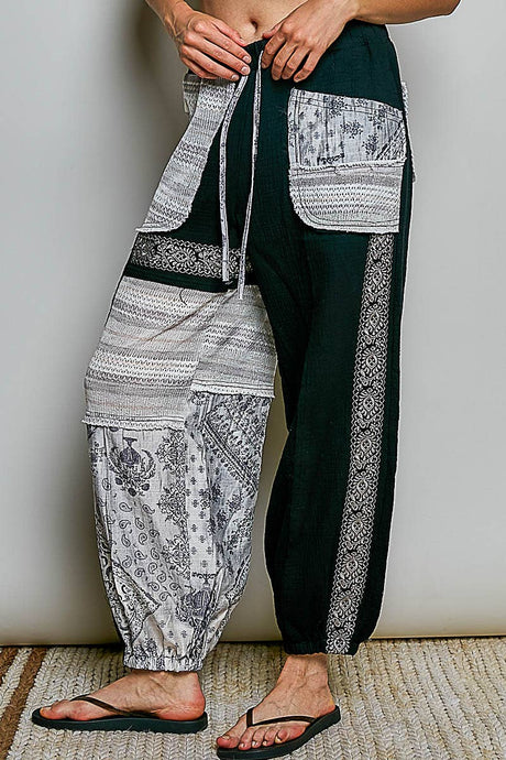 Black Double Gauze Embroidery Adjustable Drawstring POL Jogger Pants