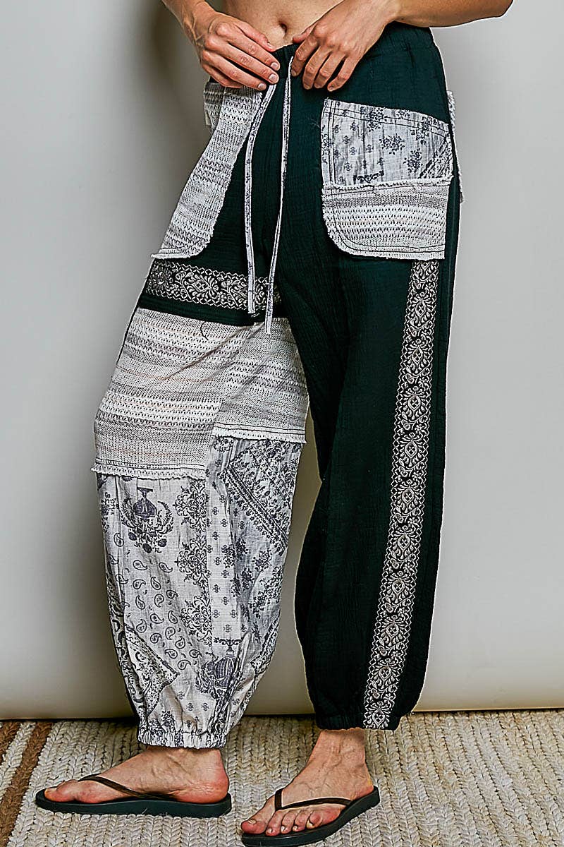 Black Double Gauze Embroidery Adjustable Drawstring POL Jogger Pants
