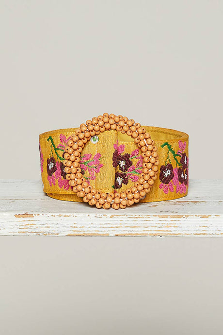 POL Beaded circle buckle floral pattern belt: MUSTARD/PURPLE