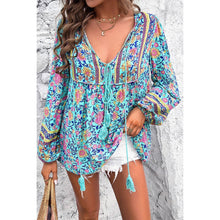 Blue All Over Floral Print Cross Deep V Boho Top