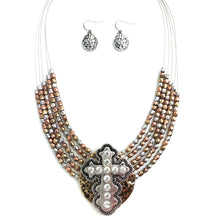 Patina Cross Western Multi-Strand Wired Necklace Earring Set: