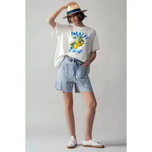 Blue Striped High-Rise Denim Shorts
