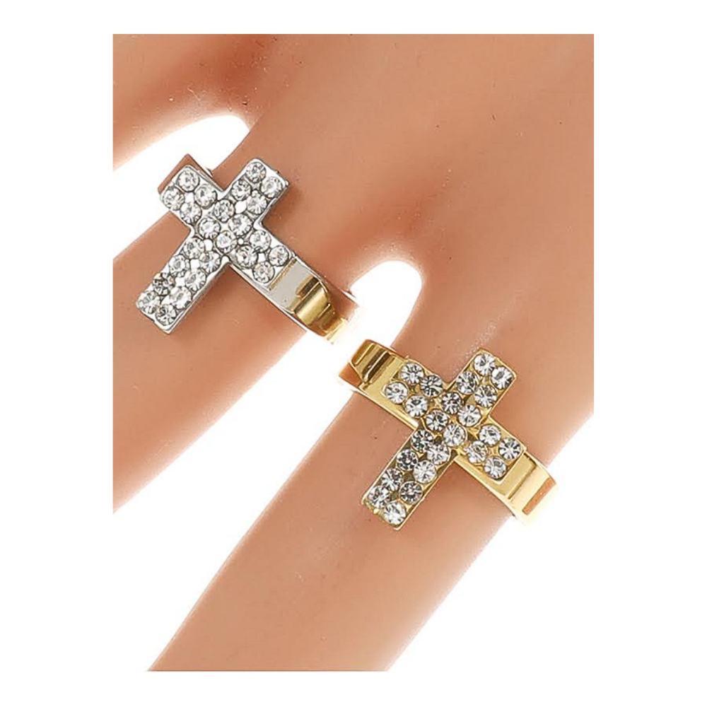 Stainless Steel Pavé Cross Ring