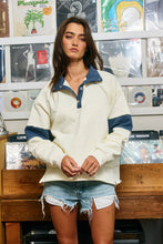 Cream Washed Blue Color-Block Snap-Neck Sweatshirt