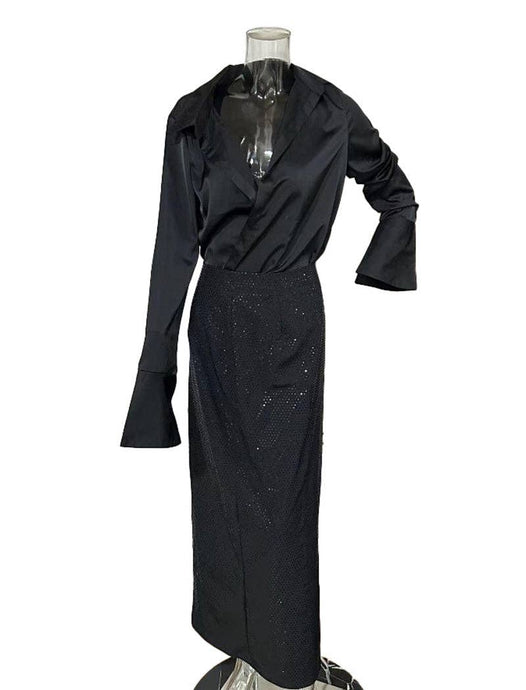 Black Bell Sleeve Top and High-Slit Sequined Maxi Skirt Set